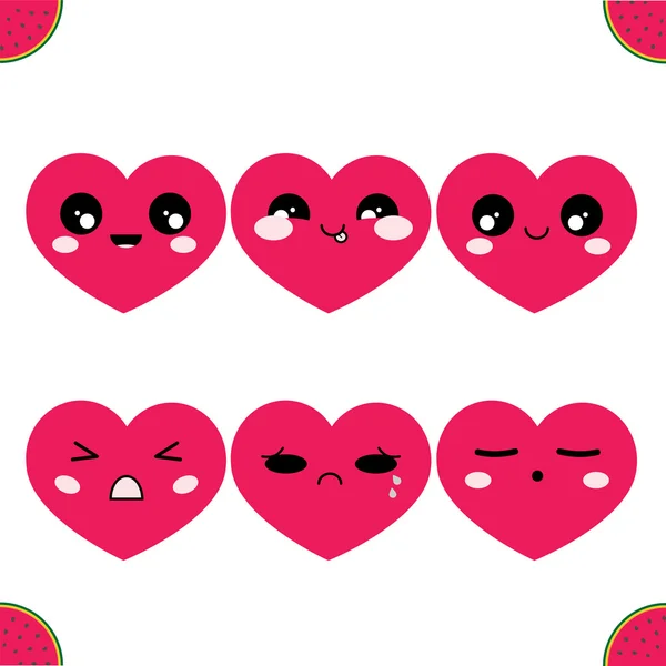 Vector Icon set. Simple hearts with muzzles. Funny, cute, kawaii, sweet emotions, smiles. Isolated on white background. Flat cartoon style.