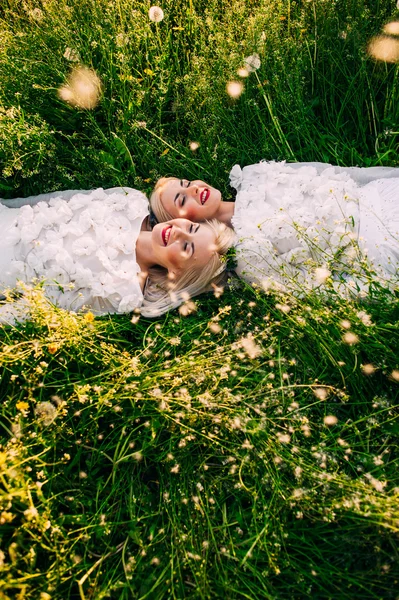 Twins sisters lying on green grass