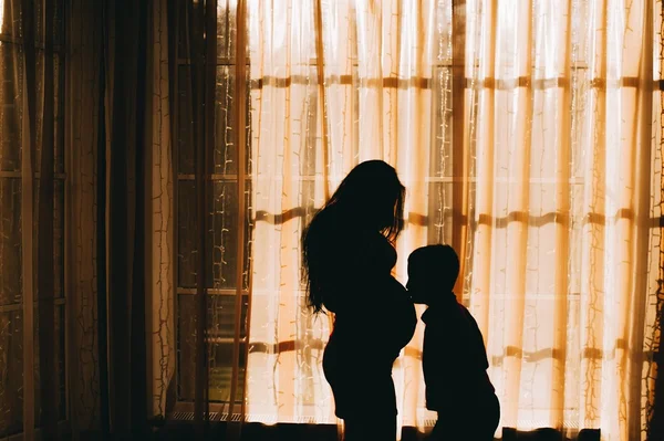 Silhouettes of a pregnant woman with her child