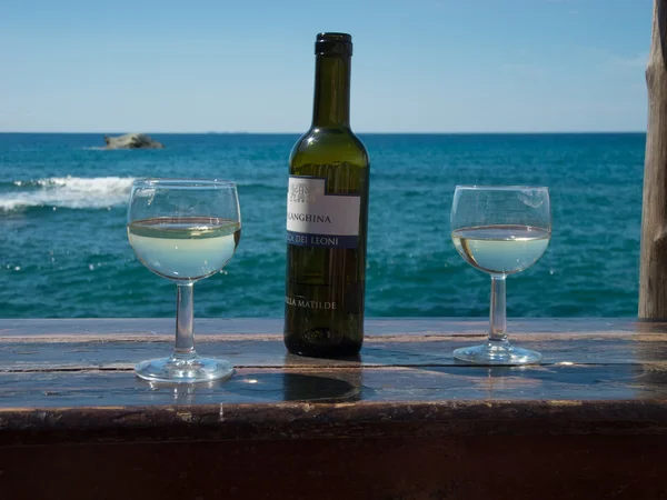 Bottle of white wine with two glasses with sea and horizon