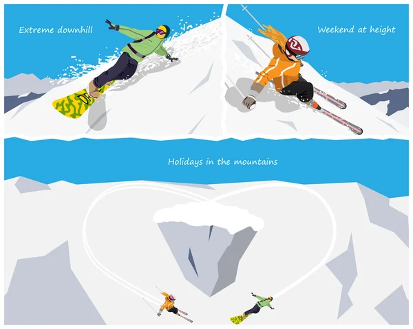 Extreme winter tourism skiing and snowboarding. Recreation & Sports in the mountains. Vector illustration