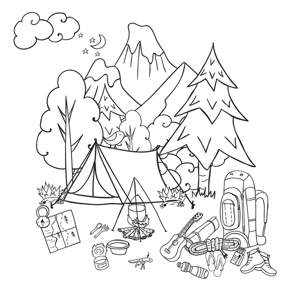 Recreation. Tourism and camping. Hand drawn doodle Camping Elements - vector illustration