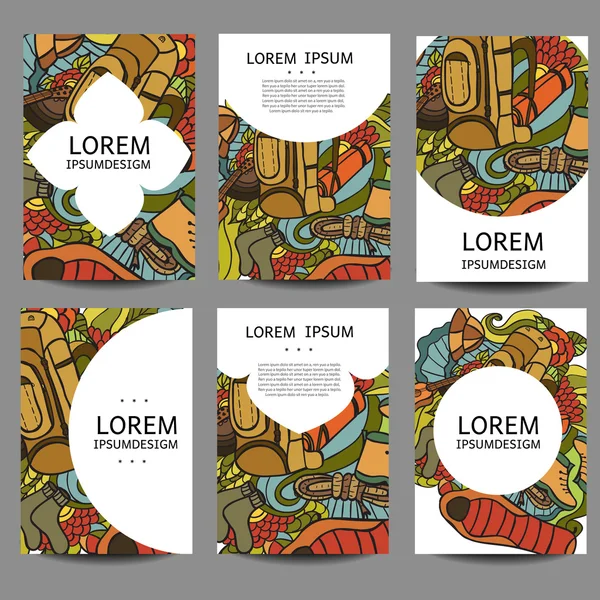 Vector abstract brochures Recreation. Tourism and camping in doodle style.Design templates vintage frames  backgrounds.