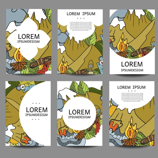 Vector abstract brochures Recreation. Tourism and camping in doodle style.Design templates vintage frames  backgrounds.