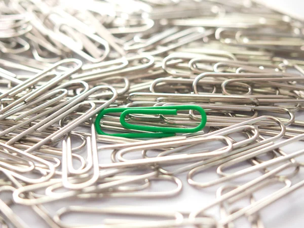 Green paper clip show different from the others on white backgro