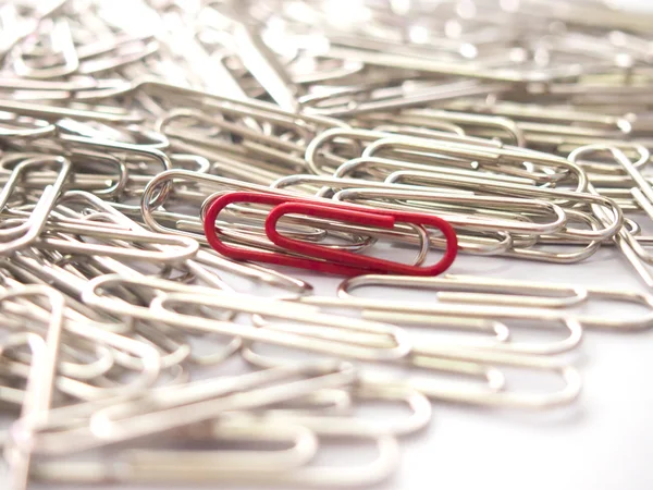 Red paper clip show different from the others on white backgroun