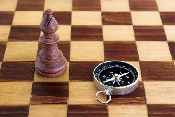 Bishop and a compass on a wooden chess board