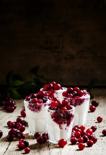 Sweet dessert of vanilla ice cream with cranberry sauce and berries