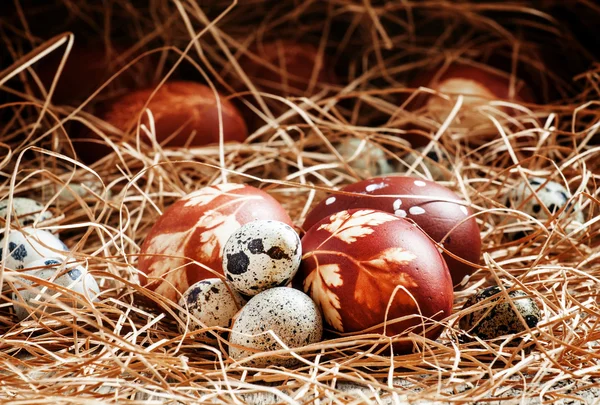 Easter eggs, dyed boiled onion skins with a pattern of herbs