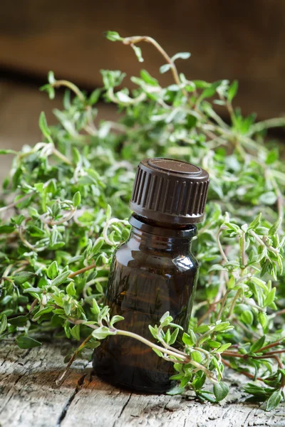 Essential oil of thyme in a bottle and fresh herb thyme