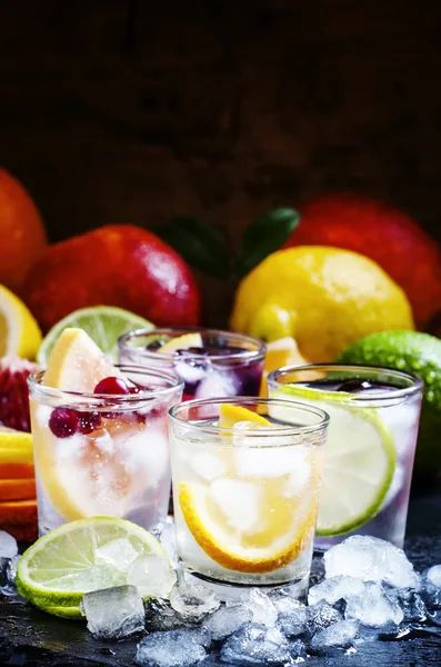 Chilled soft drinks with ice, citrus fruits and berries
