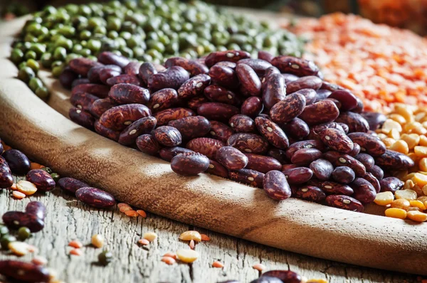 Dry purple beans, bean mix on plate