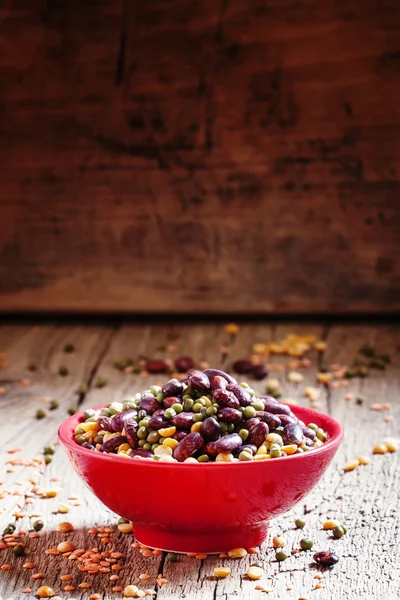 Bean mix: purple beans, green and red lentils, dry peas in a red bowl