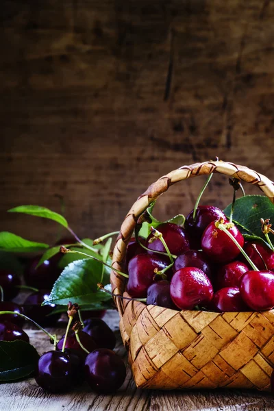 Sweet ripe cherries with leaves in a wicker basket