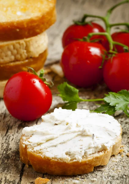 Home crostini with soft cheese and tomatoes