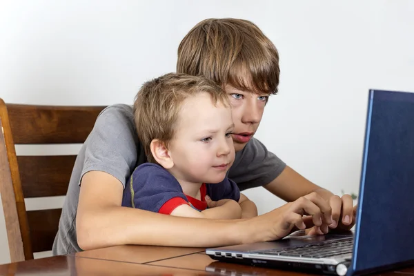 Two brothers playing on the computer