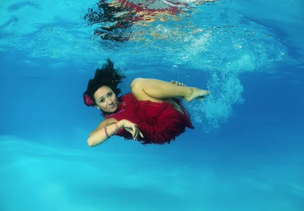 Woman presenting underwater fashion in pool