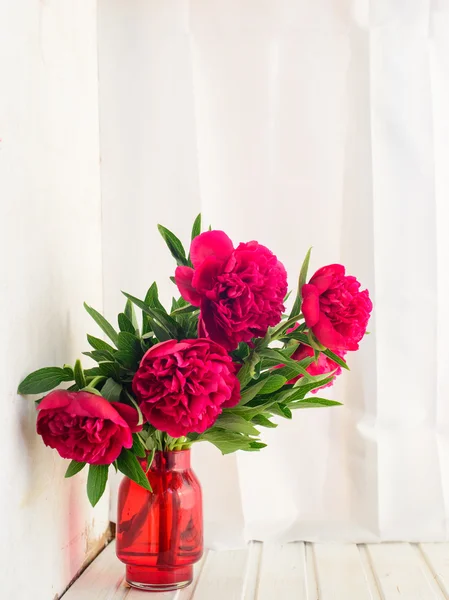 Spring-summer concept, a red peony bouquet on a white background with copyspace