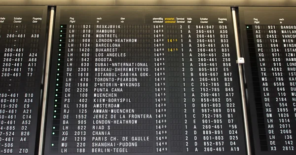 Departures display board at airport terminal showing international destinations flights