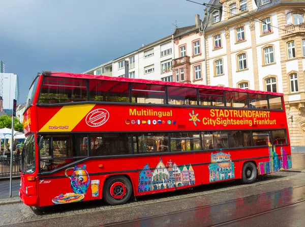 Frankfurt, Germany - June 15, 2016: A double-decker tourist sightseeing bus at Paulsplatz square in Old Town.