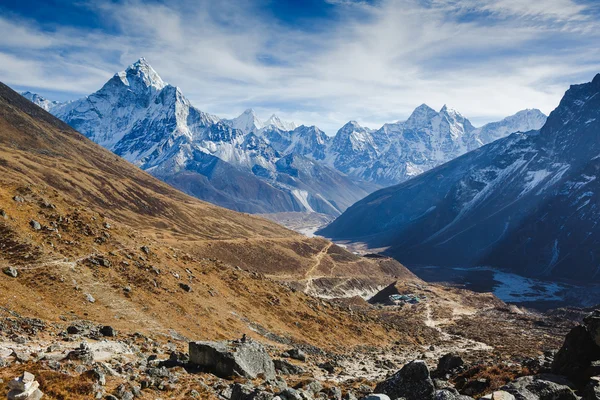 Beautiful view of mount Ama Dablam and Khumbu valley with beautiful sky on the way to Everest base camp, Sagarmatha national park, Everest area, Nepal