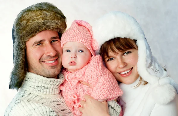 Happy family in a warm fur hats