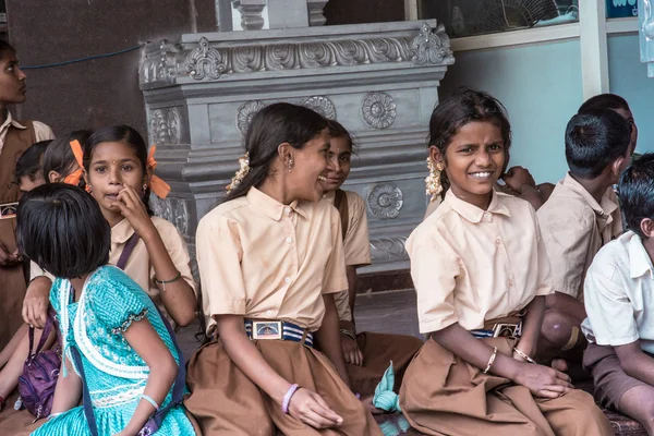 Indian schoolgirls on an excursion to the statue of Shiva Karnataka, 2014.