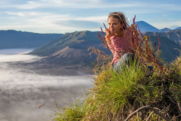 Portrait Young Pretty Girl Sunrise Landscape.Africa Nature Morning Volcano Viewpoint.Woman Engaged Yoga Meditation Practice Mountains Dawn.Mountain Trekking.Horizontal picture.First Rays Rising Sun.