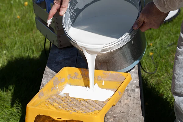 Man pour paint in paint dish. Outdoor work. Sunny day.