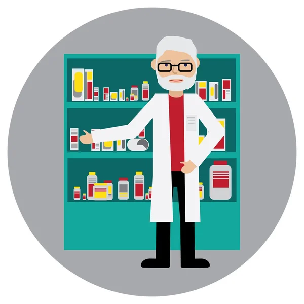 Male pharmacist in a pharmacy opposite the shelves with medicines. Health care. Vector illustration