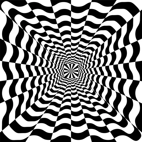Black and White Wavy Spirals Expanding from the Center. Optical Illusion of Perspective and Volume. Suitable for textile, fabric, packaging and web design.