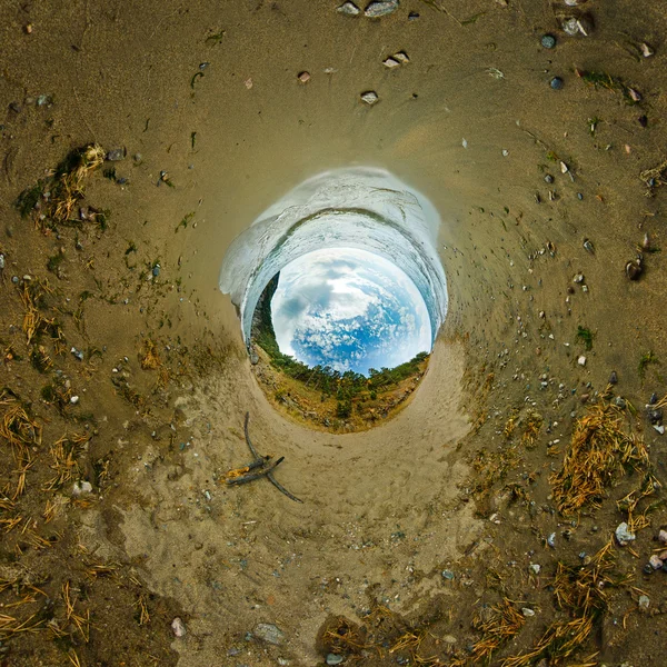 Stereographic panorama of Lake Baikal from the beach rocks in projection a small planet