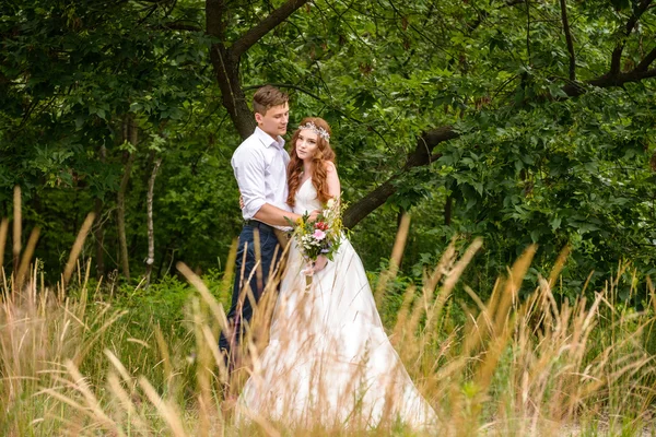 The couple in the ears of wheat in forest. The bride and groom in the wheat ears in the Park.