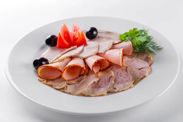 Meat dish, meat, ham, sausage, meat products, snack, white plate with meat, chicken roll