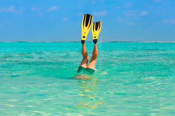 Men dive snorkeling in clear water with yellow flippers