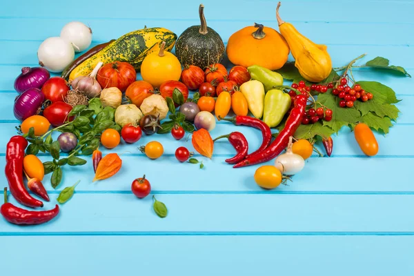Vegetable background. Fresh peppers, tomatoes, basil, zucchini,pumpkin,spices and seasoning on blue wooden background. Organic food concept. Space for text.