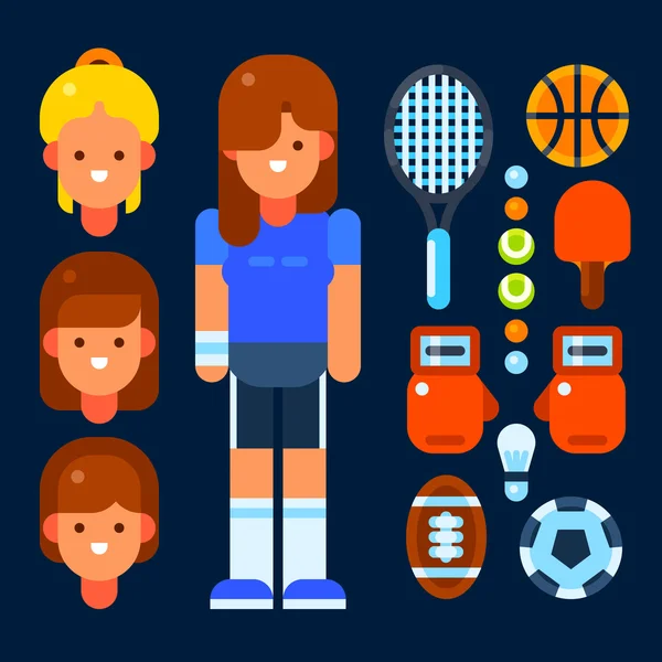 Sportswoman and her stuff: tennis racquet, basketball ball, tennis ball, table tennis racket, boxing gloves, shuttlecocks, american football ball, football ball