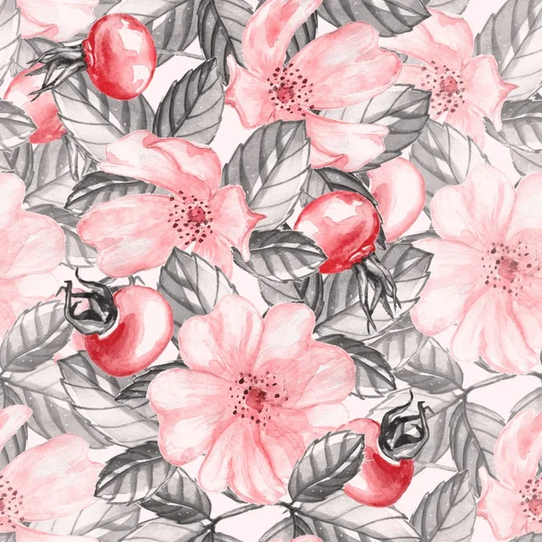 Pink flowers of wild rose and berries. Seamless pattern. Watercolor painting