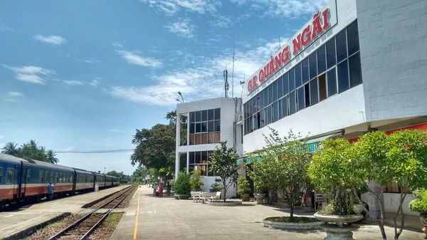 Train of the \'State Railway of Vietnam\' parked on tracks at the train station in Quang Ngai, Vietnam