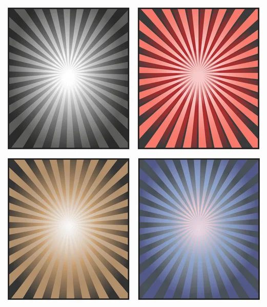 Vector. Sunburst Illustration. A background of sun rays or star rays for an advertisement or a poster. Sunshine rays in red, blue, beige and black white. Set of sun ray vectors. Striped background.