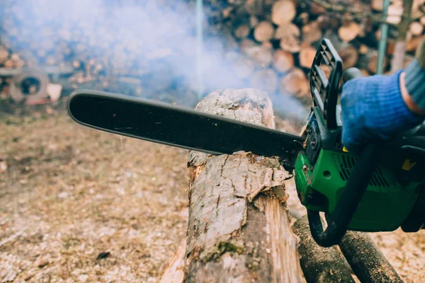 Male hands cutting trunk with chainsaw