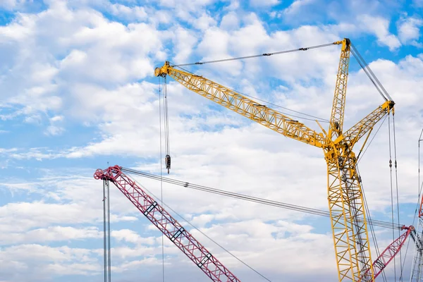 Industrial construction cranes under blue sky background.