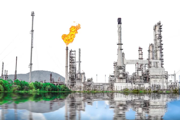 Isolated of Oil and Gas refinery plant with flare stack on white background, Burning oil gas flare in a large oil refinery, Oil-refinery, Industrial-plant background, Petrochemical plant.