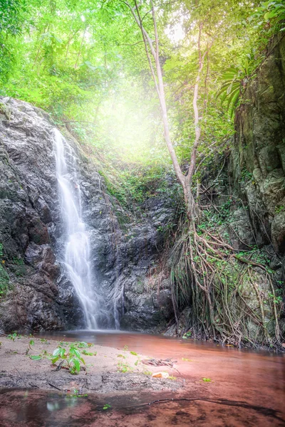 Beautiful waterfall on a mountain slope in deep forest. Tropical waterfall in rain forest.