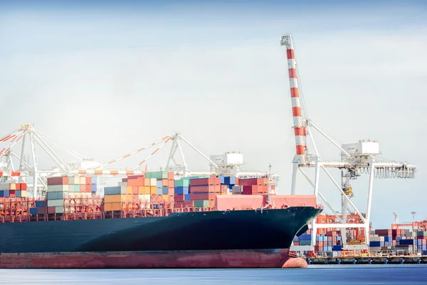 International Transportation Shipping, Container Cargo freight ship with ports crane bridge in harbor, Logistic Import Export background concept, un-mooring of containers cargo ship.