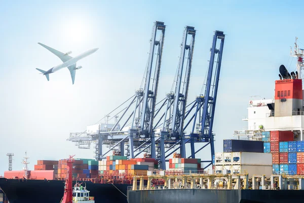 International Container Cargo ship and Cargo plane for logistic import export background and transport industry.