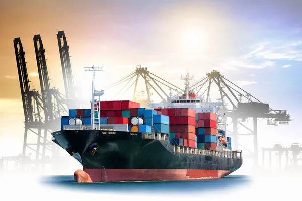 Logistics and transportation of International Container Cargo ship with ports crane bridge in harbor for logistic import export background and transport industry.