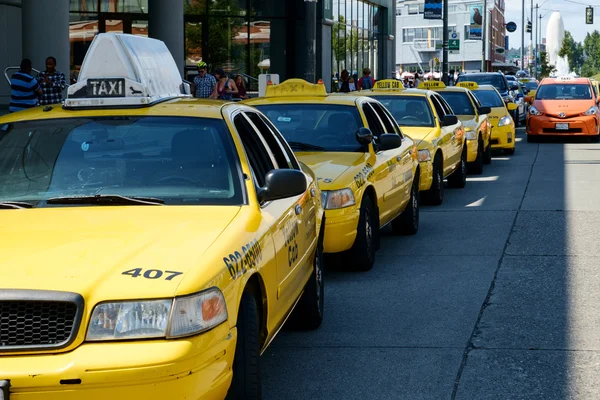 Line of yellow taxis