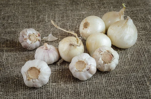 White onion and garlic on a napkin of burlap