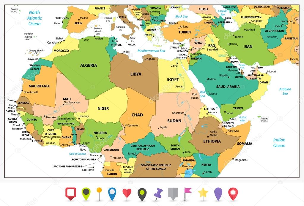 Detaljerad politiska karta över Nordafrika och Mellanöstern en — Stock